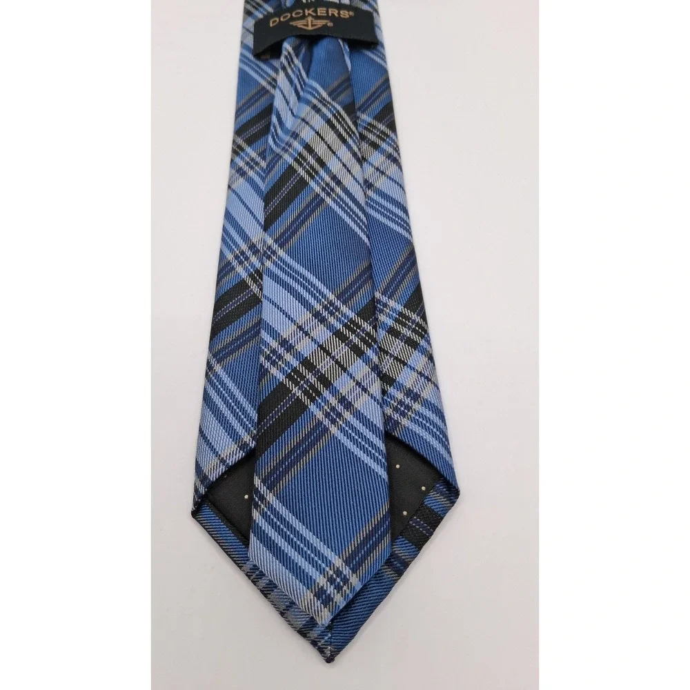 Dockers Blue, Gray, Black Plaid Pattern Silk Blend Handmade Slim Tie